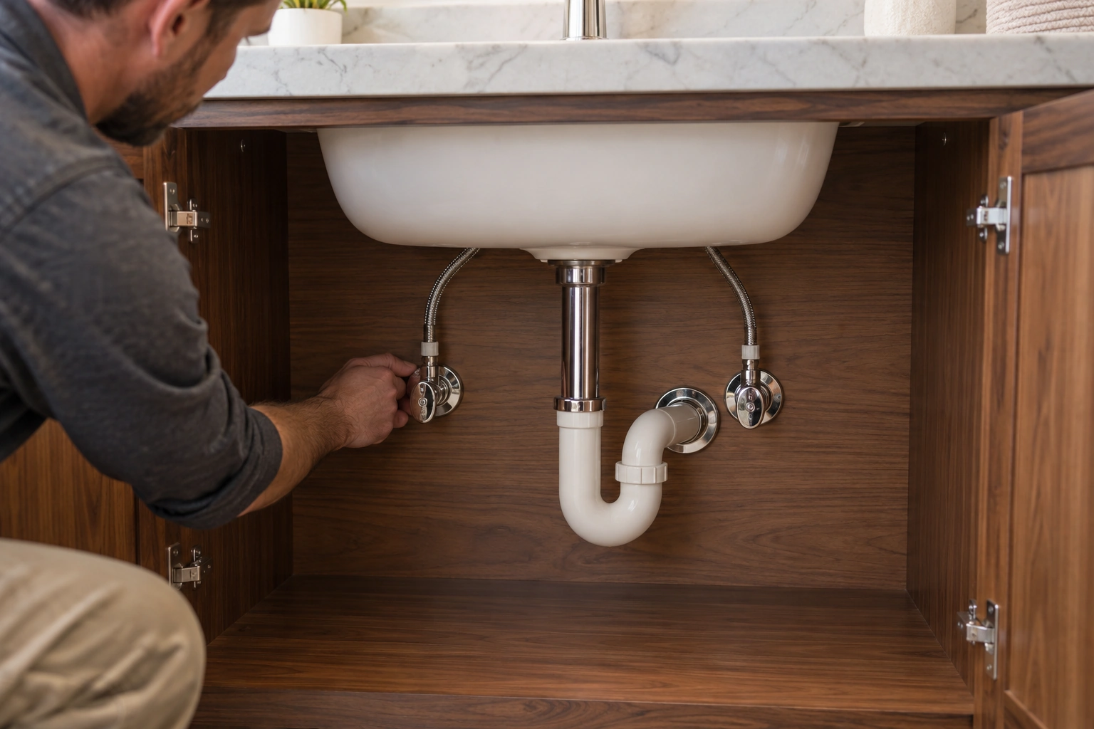 Installer checking two separate fixture supply shutoffs inside a walnut vanity with a single basin and rigid P-trap
