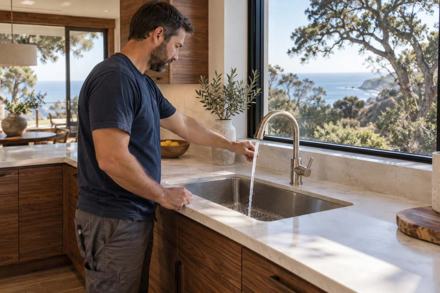 Installer observing water flow into a sink in a finished luxury California kitchen
