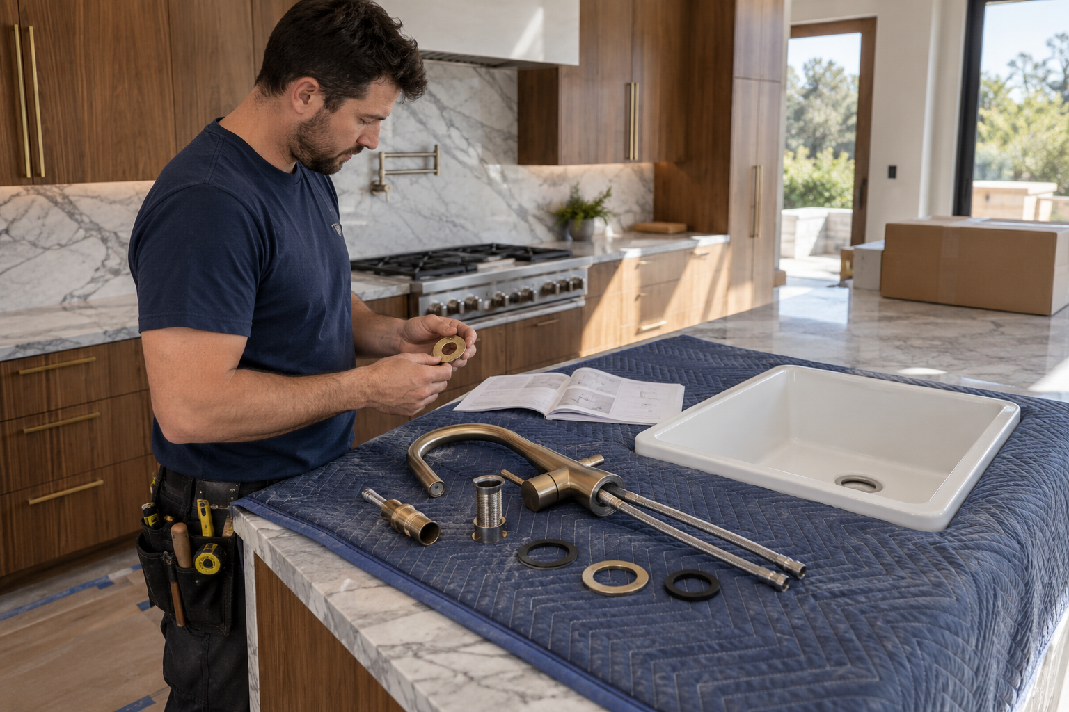 Plumber reviewing faucet mounting parts and installation instructions on a protected marble countertop