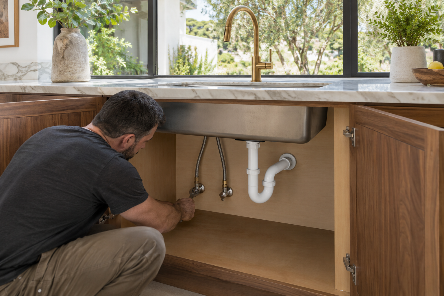 Plumber checking independent faucet supply connectors beside a rigid P-trap in an open kitchen sink cabinet