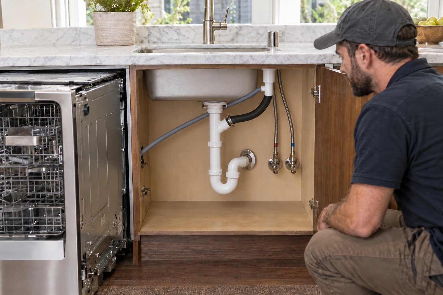 Dishwasher discharge routed through a countertop air gap to a sink tailpiece branch above a rigid P-trap
