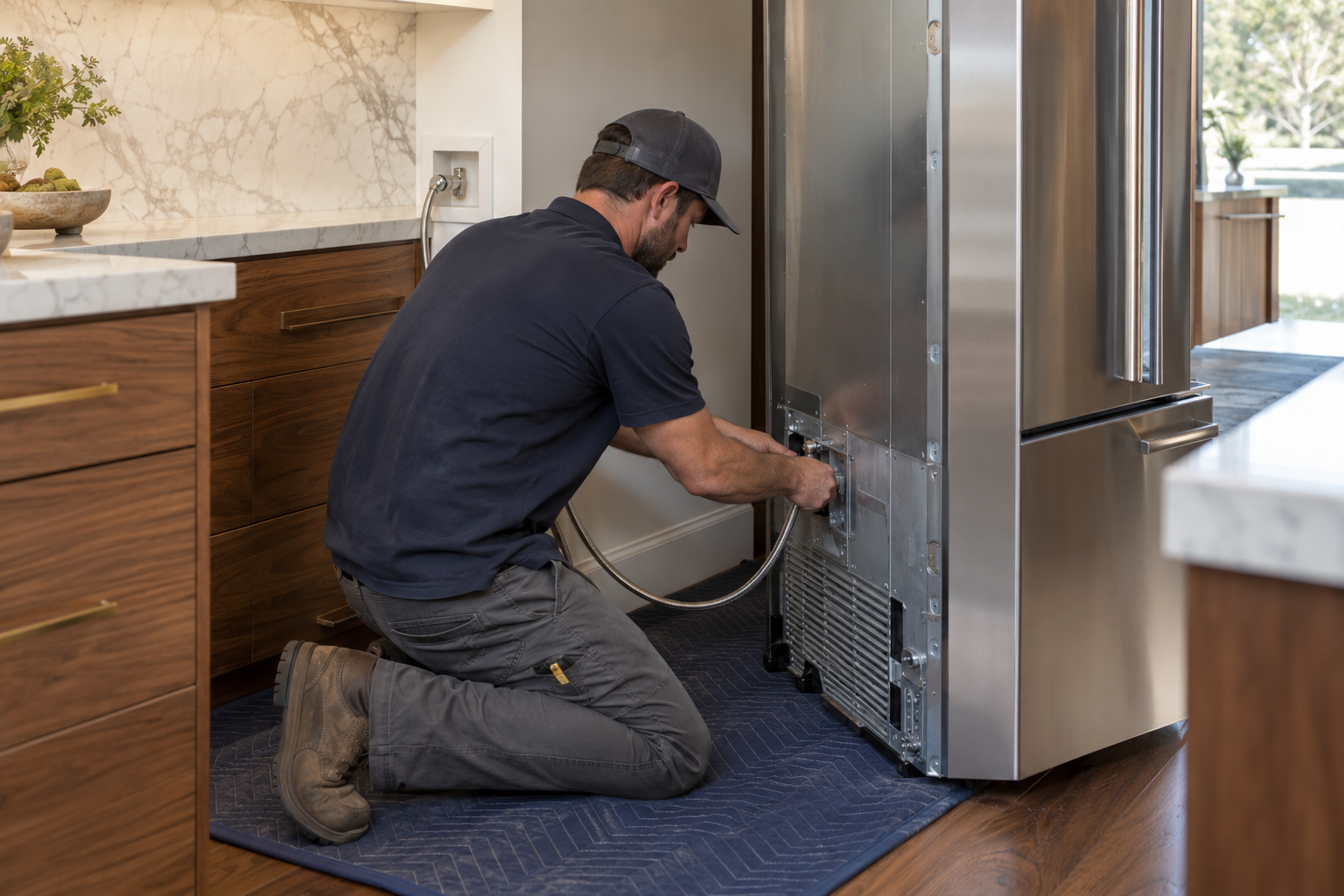 Installer connecting an appliance water line between a recessed wall shutoff and a refrigerator inlet