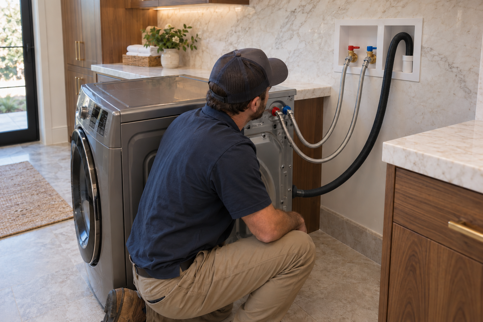 Washer with independent hot and cold supply hoses and a separate discharge hose entering an open standpipe