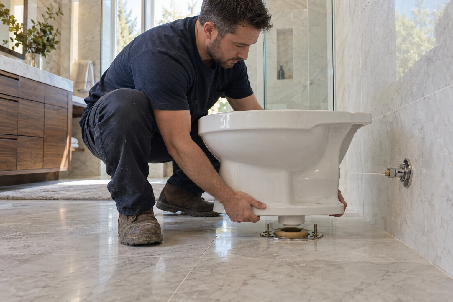 Installer aligning a toilet outlet and mounting holes above a single seal and secured flange on finished stone flooring
