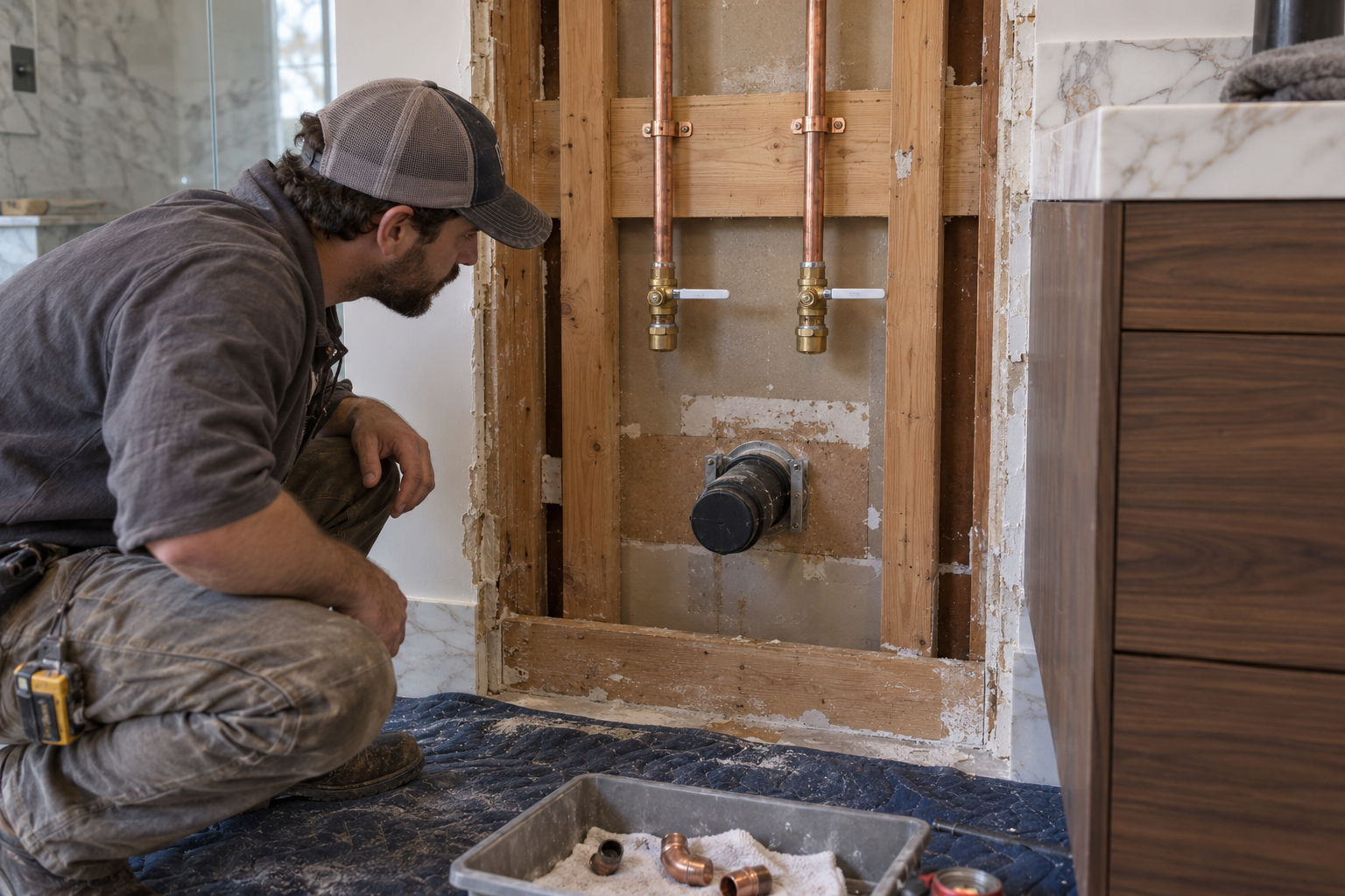 Two closed and capped water valves above a plugged drain opening in an exposed remodel wall