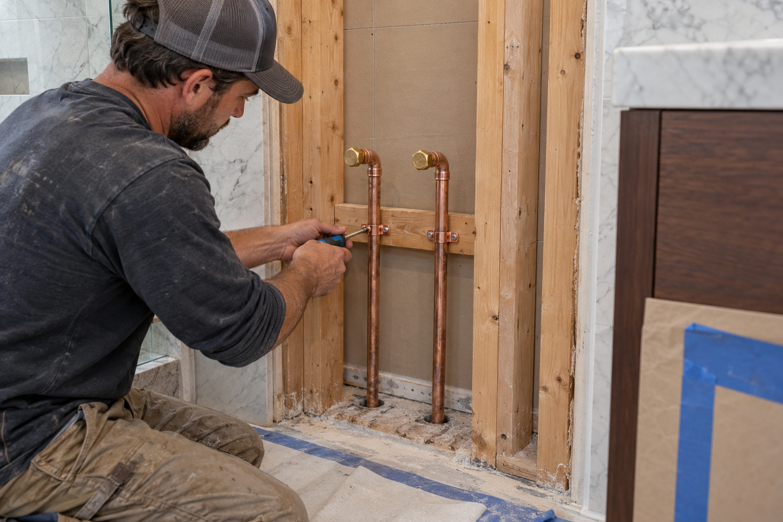 Installer securing separate capped copper supply risers to blocking at a proposed vanity position