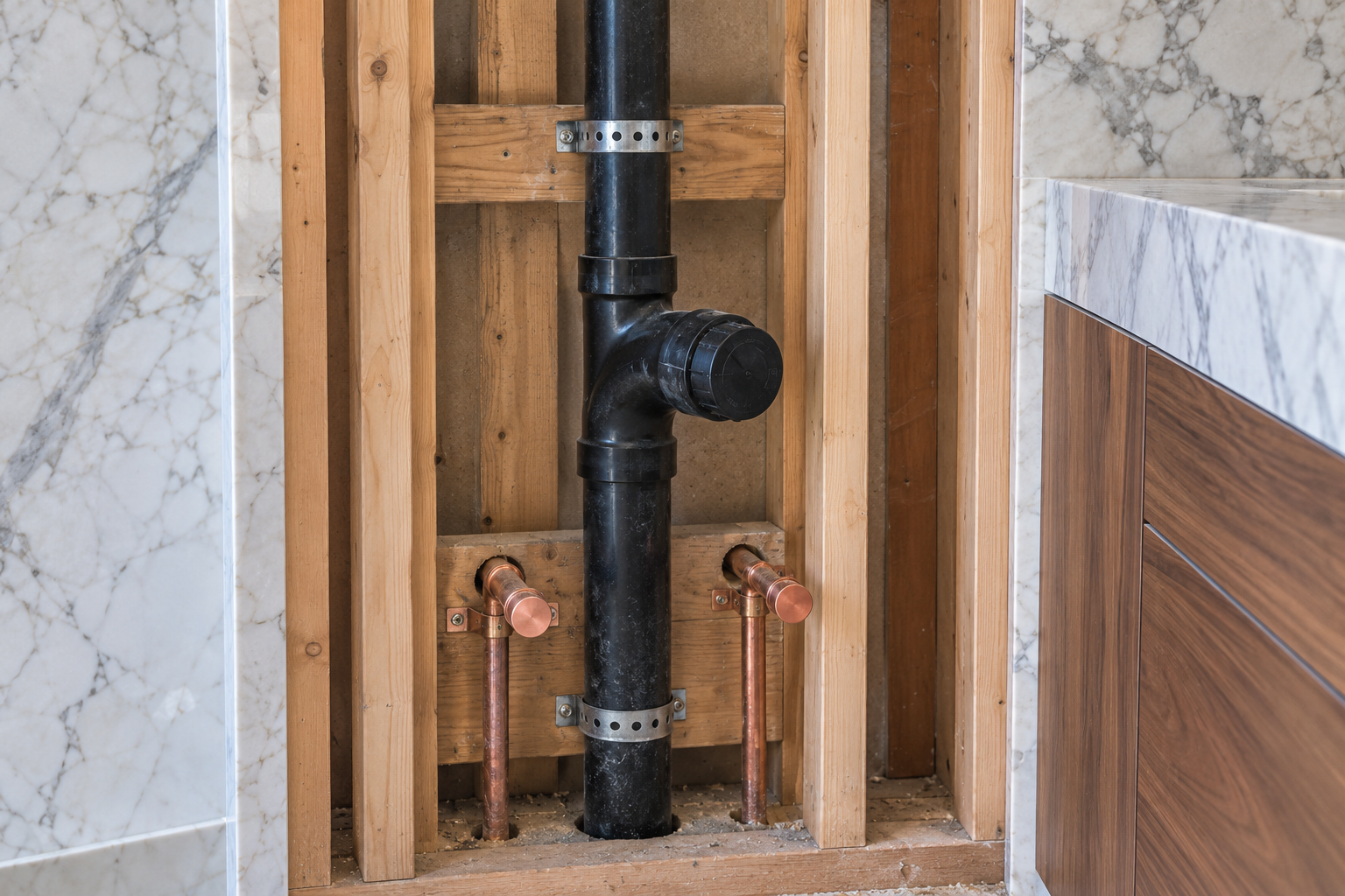 Upright capped ABS sanitary tee with a drain continuing down and a vent continuing upward between separate copper water connections