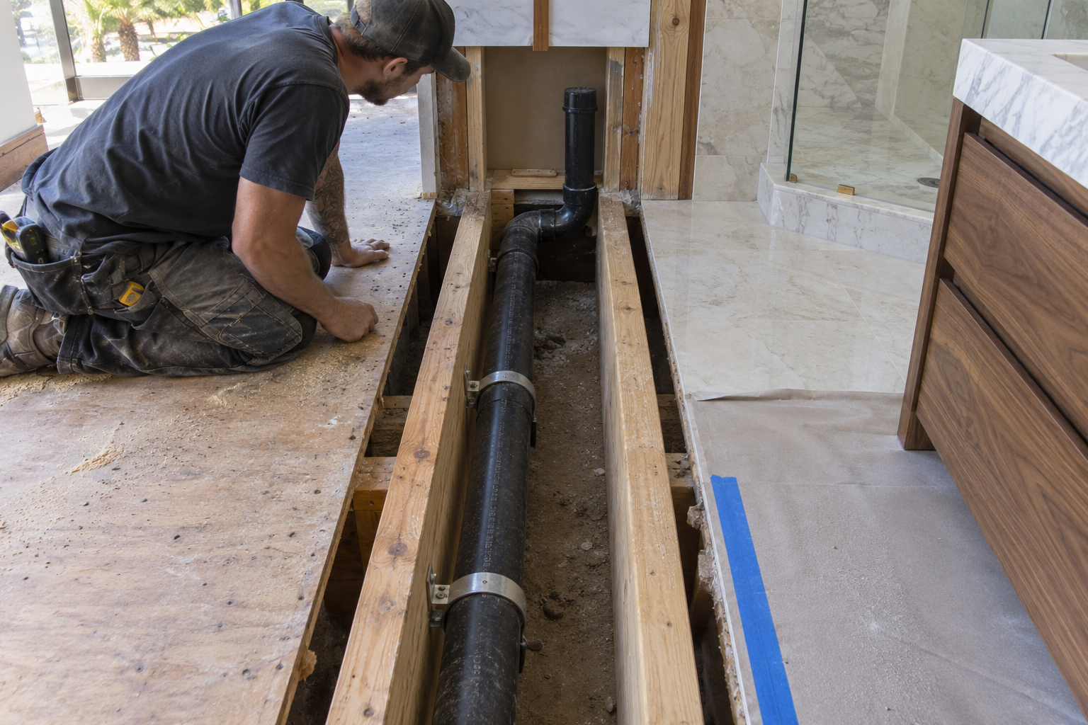 Supported black ABS drainage branch between intact joists leading to a capped vertical toilet riser