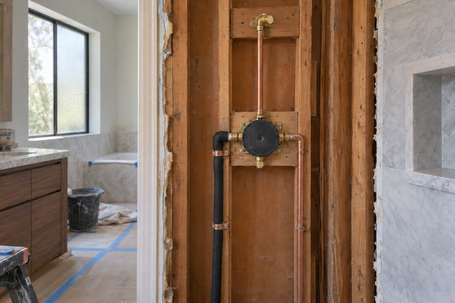 Blocked shower valve with separate supply feeds, an upper shower riser, a capped outlet, and a closed unused lower port