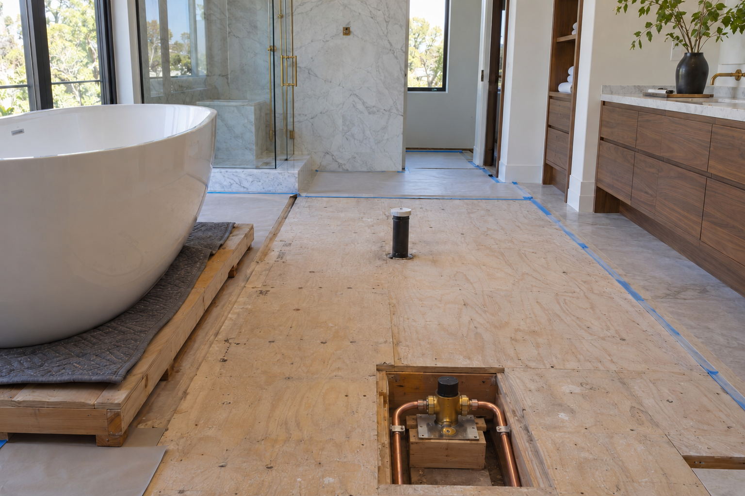 Recessed tub-filler base with separate copper supplies and a distinct capped drain near a protected freestanding tub