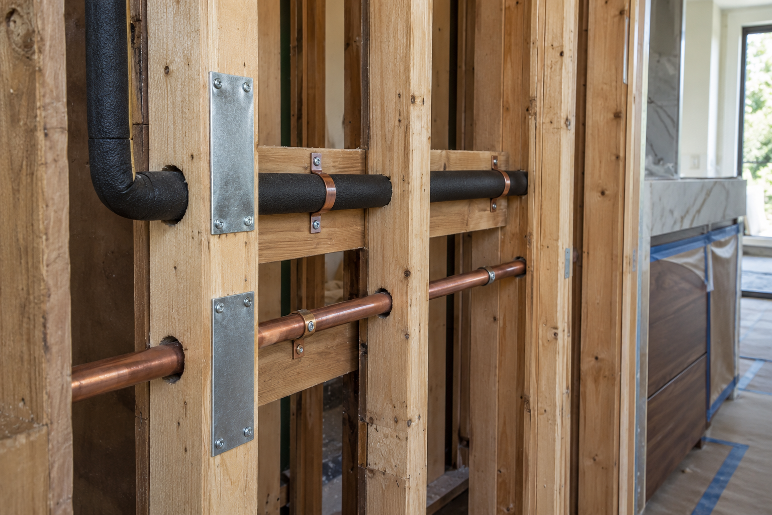 Supported hot and cold water routes with insulation and protective plates inside exposed remodel framing
