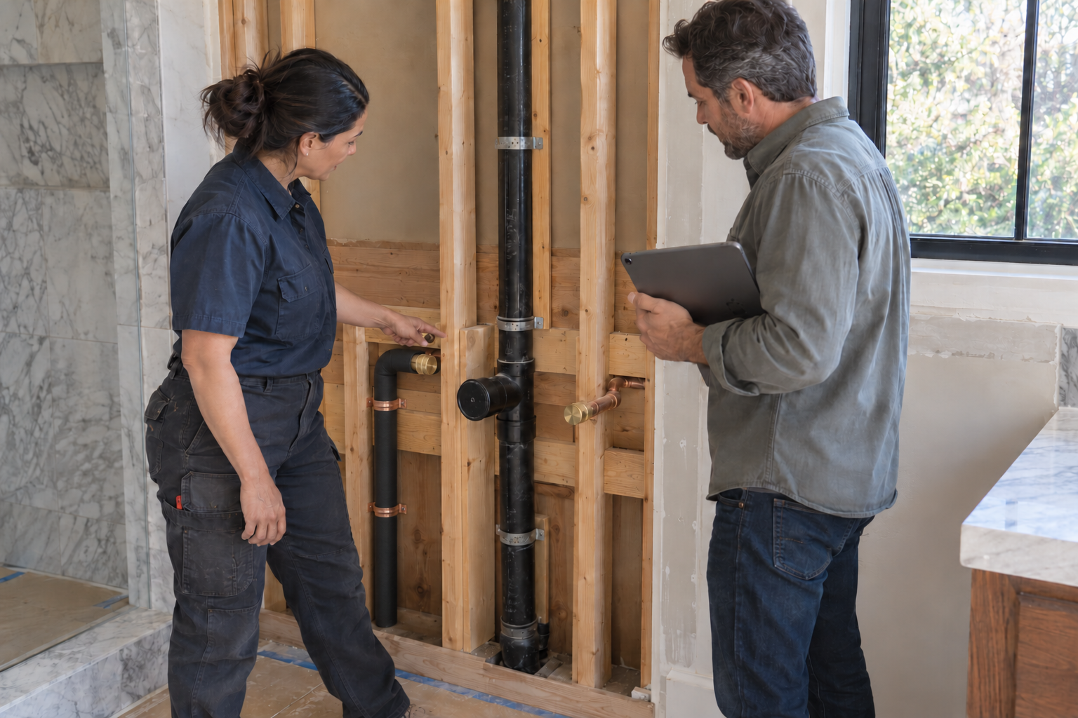 Plumber and reviewer examining exposed capped water connections and an upward drain-and-vent route before wall closure