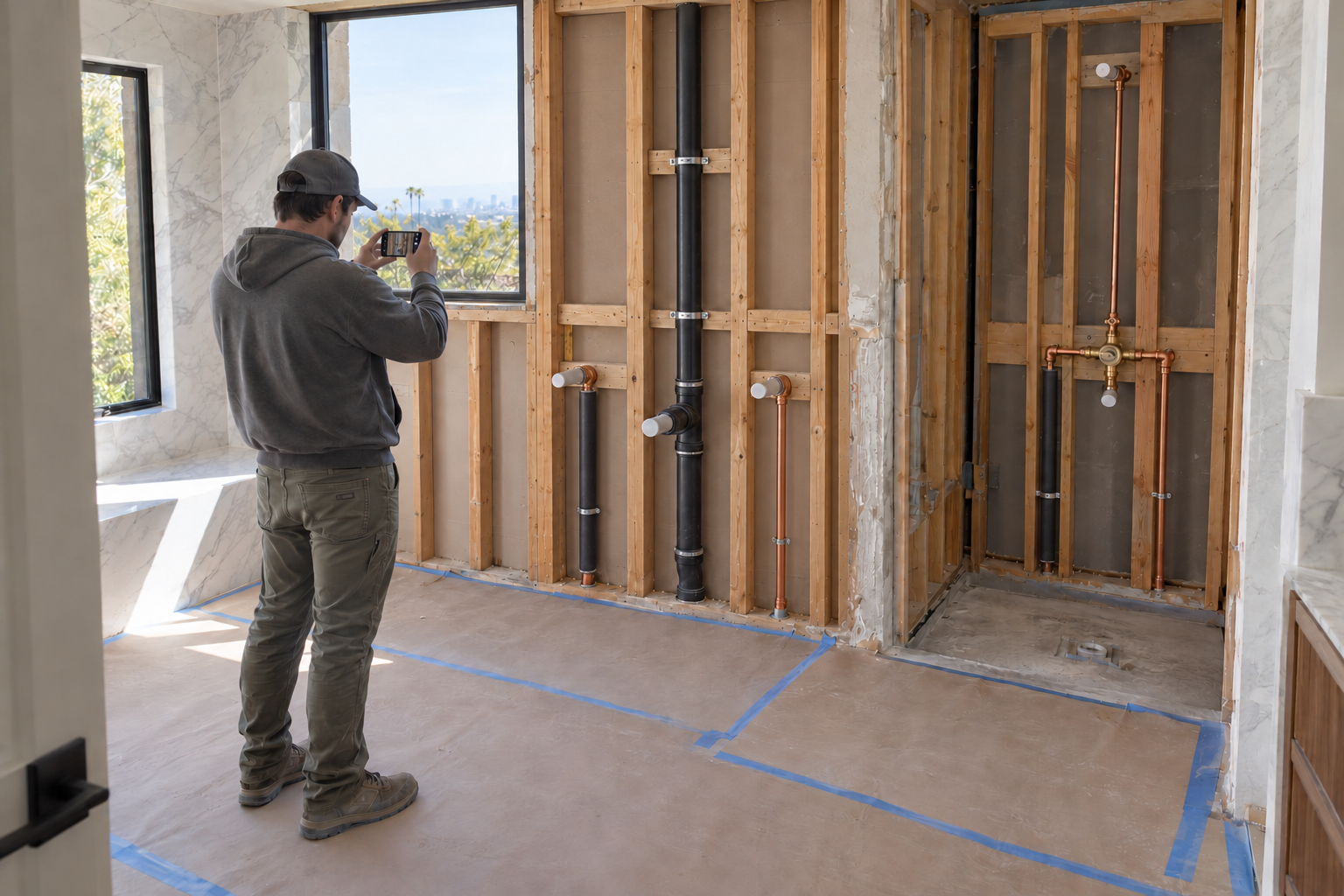Plumber photographing exposed vanity and shower rough-in within a protected luxury bathroom remodel