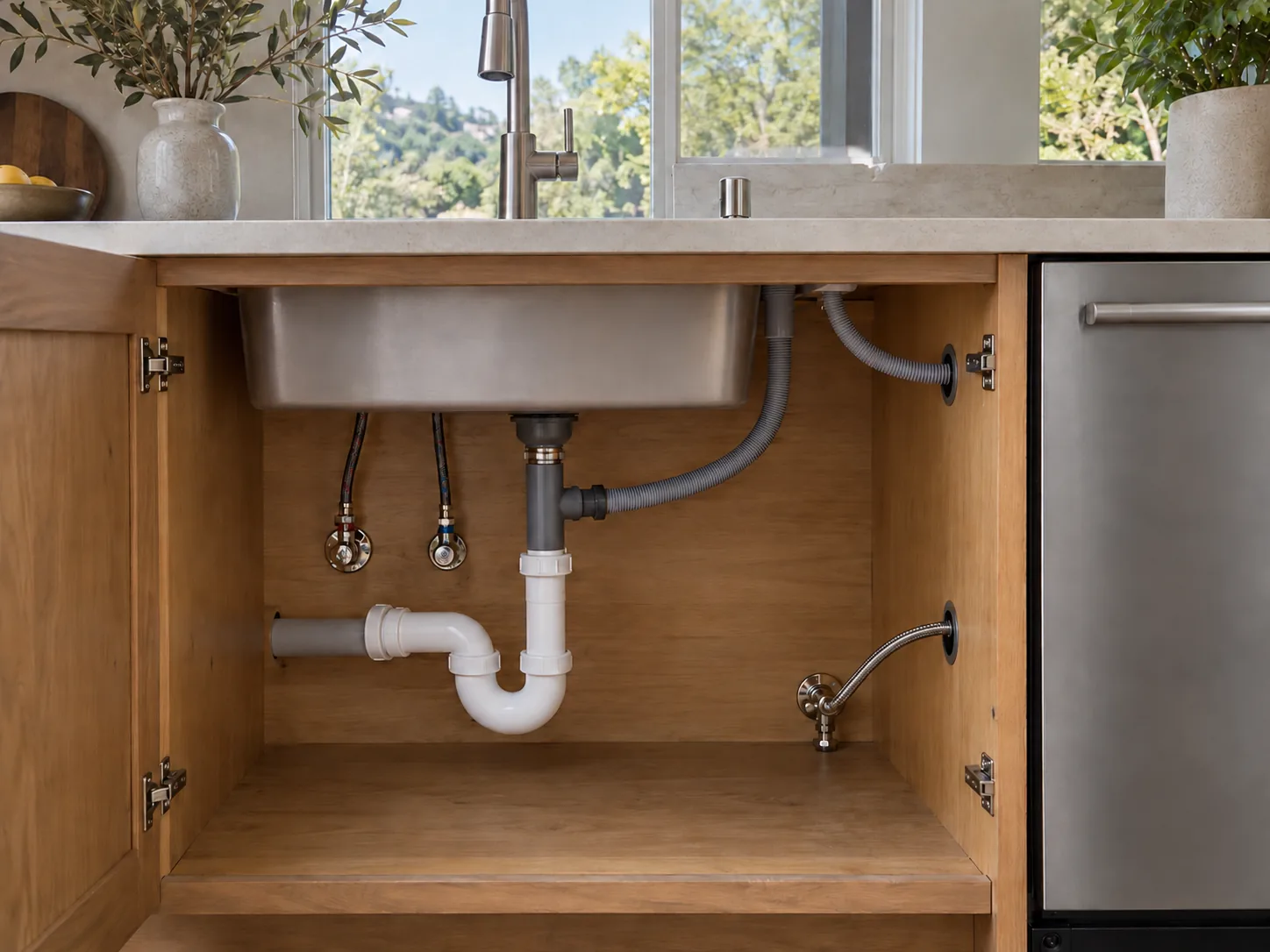 Dishwasher water and drain connections inside a kitchen sink cabinet