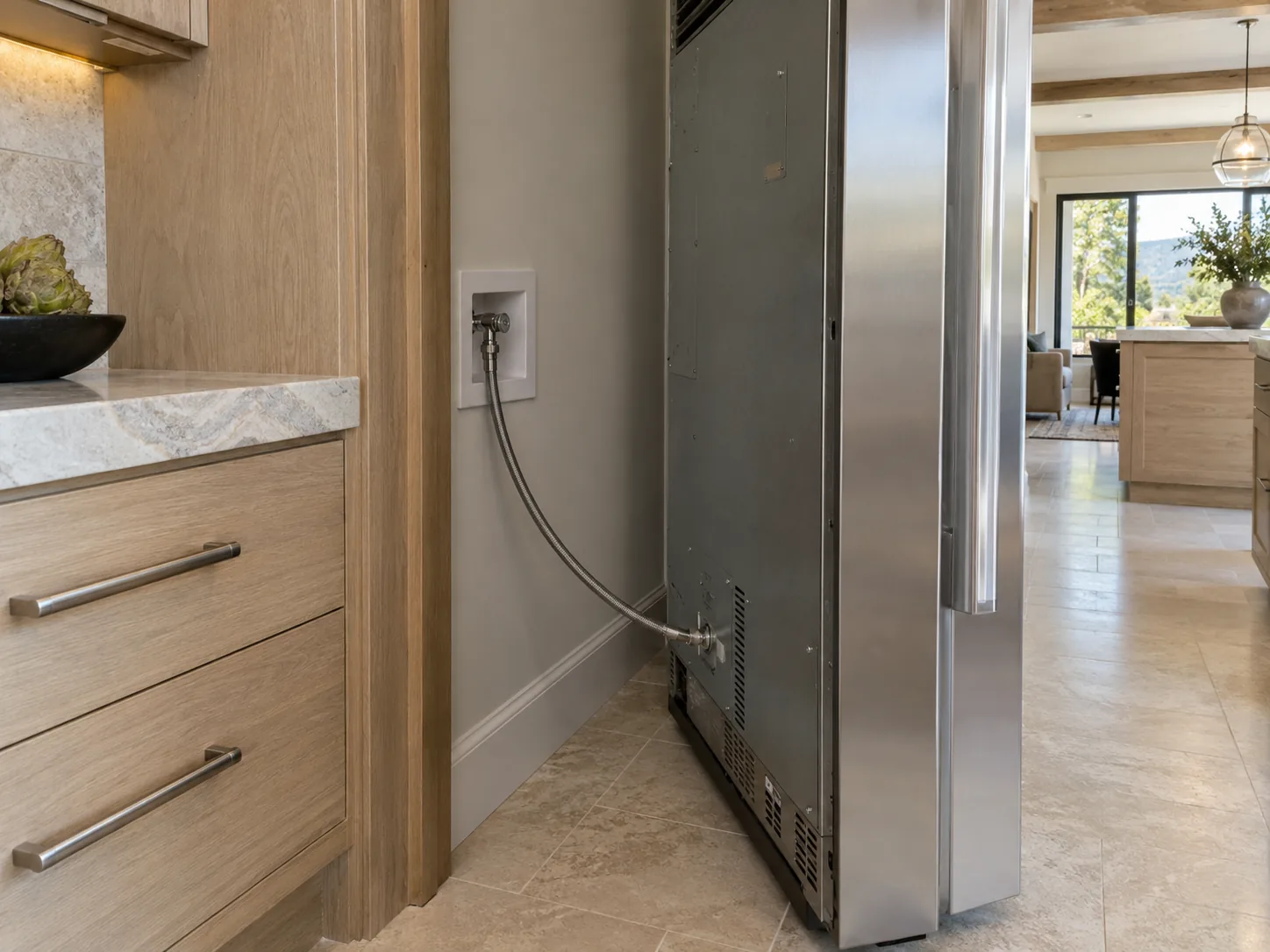 Accessible refrigerator water supply connection in a kitchen alcove