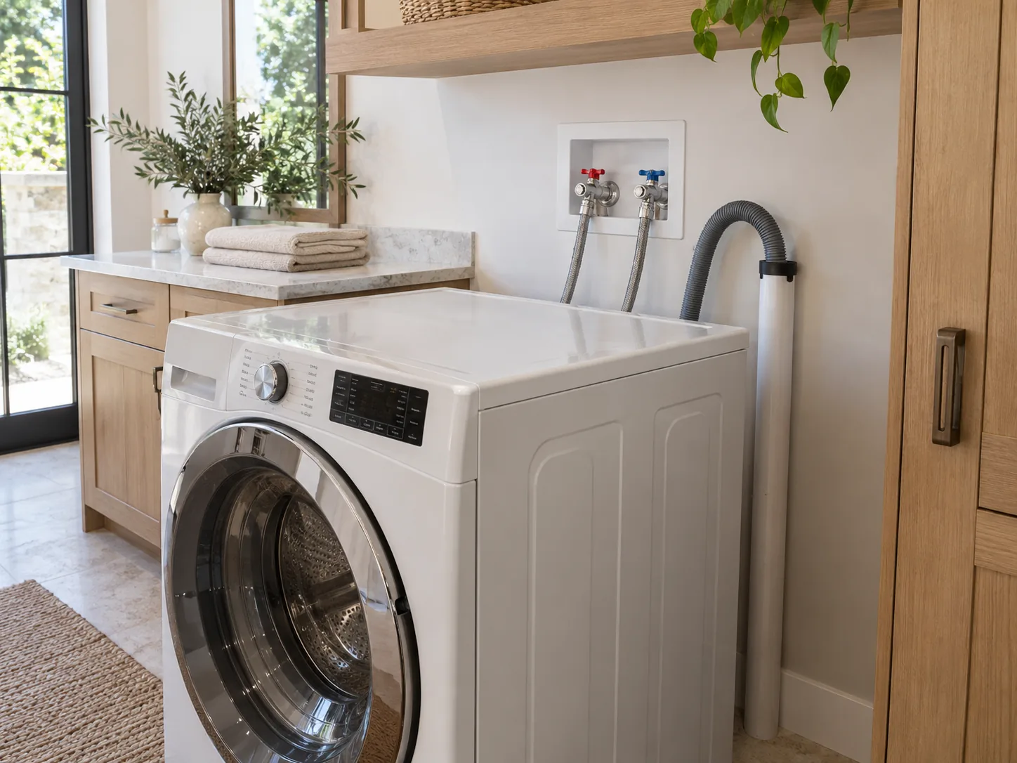 Washing machine hot and cold supply connections and drain hose
