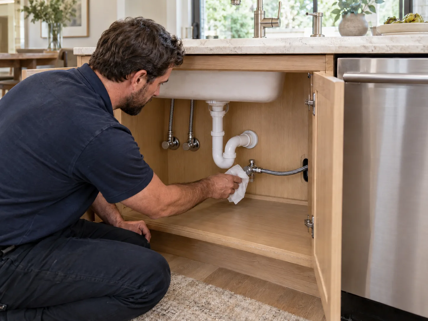 Technician checking an appliance plumbing connection in a kitchen