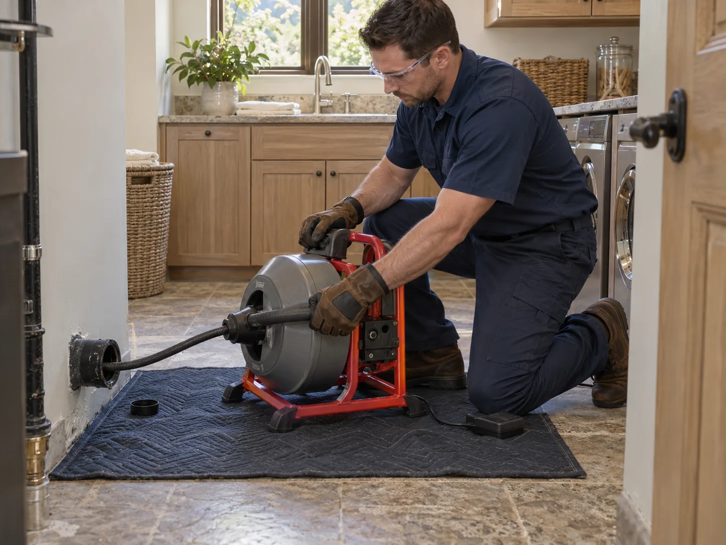 Plumber operating an enclosed drain-cleaning machine beside a cleanout