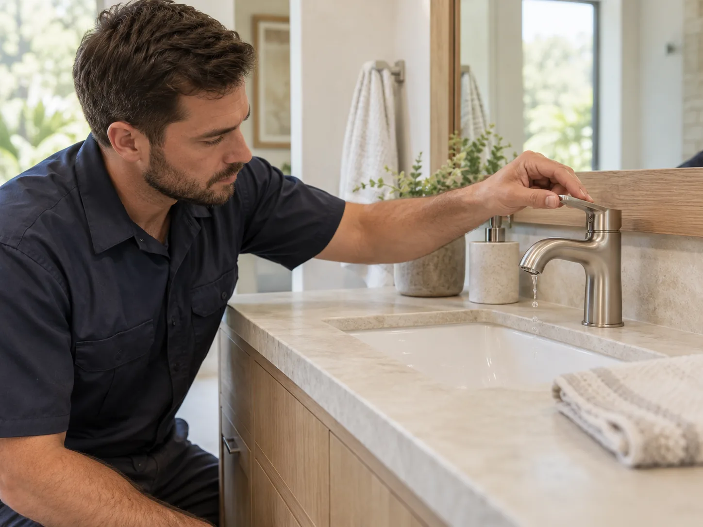Plumber assessing a dripping faucet at a stone bathroom vanity