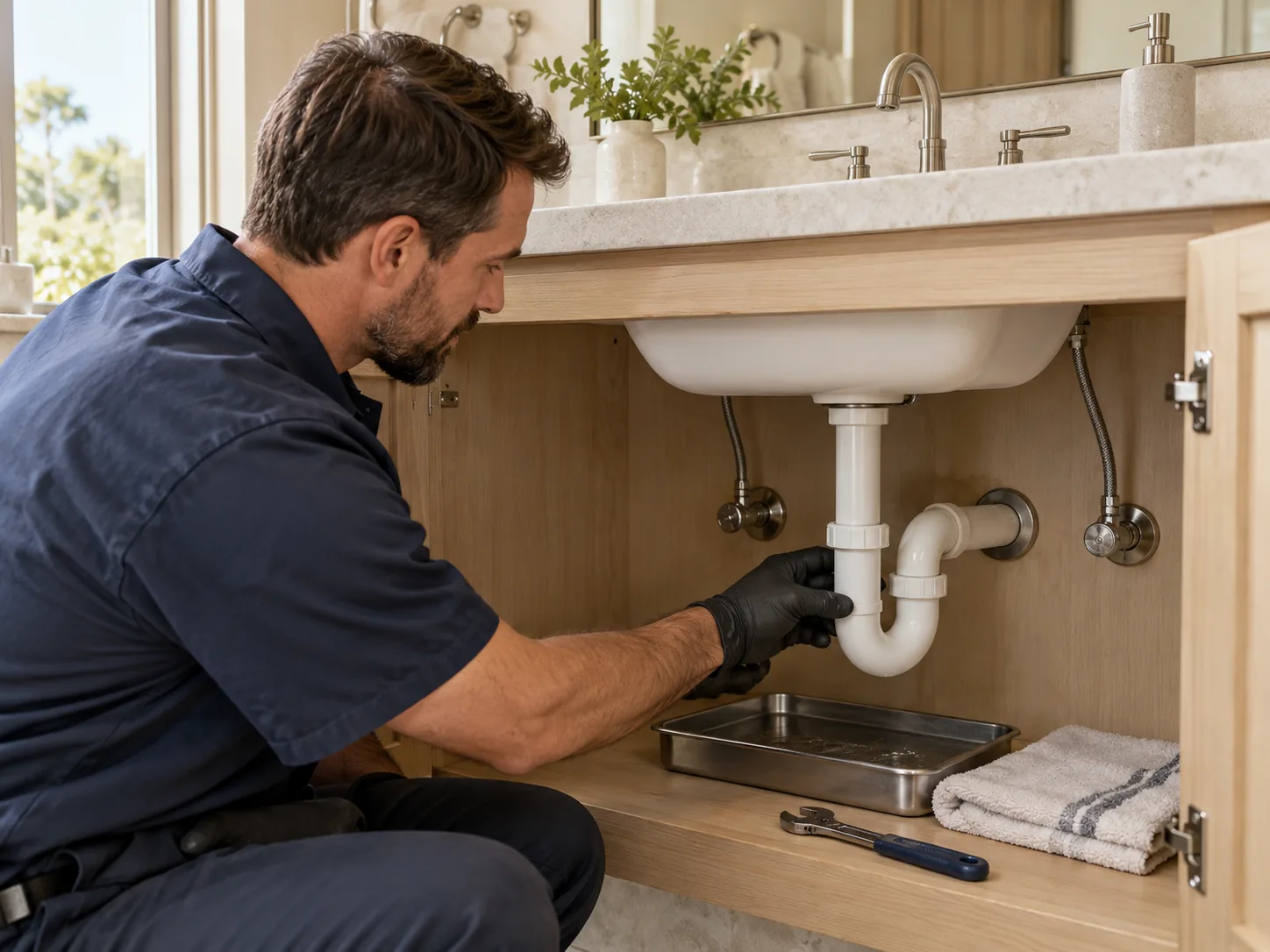 Plumber examining the sink P-trap inside an oak vanity cabinet