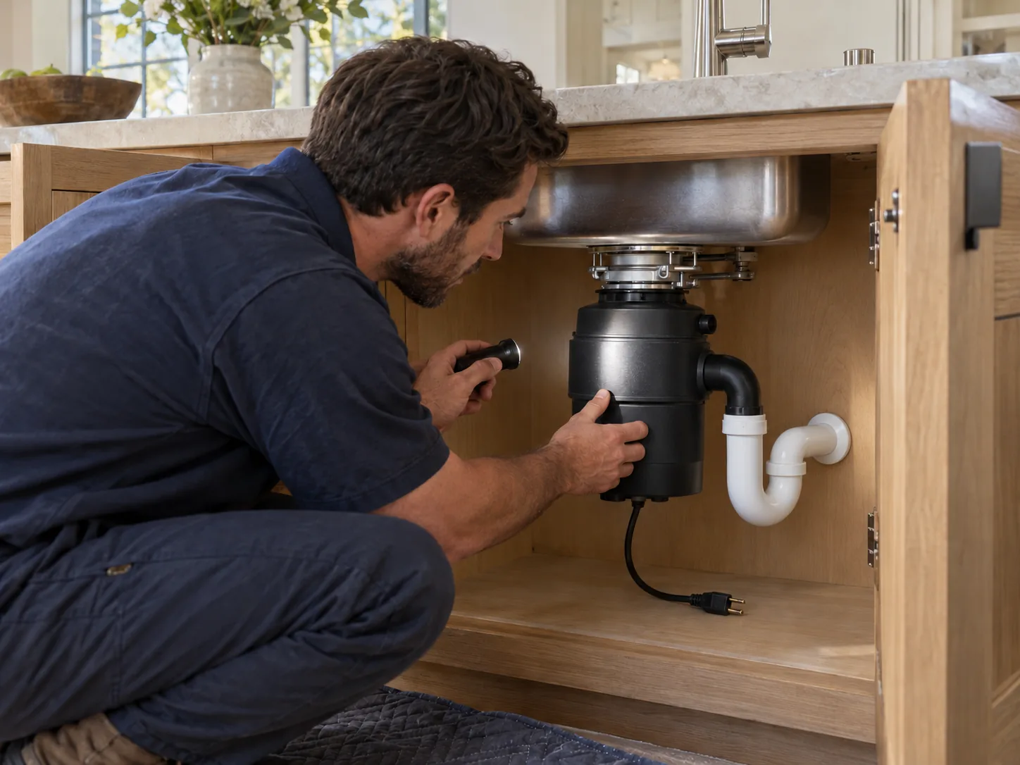 Plumber examining a garbage disposal beneath a kitchen sink