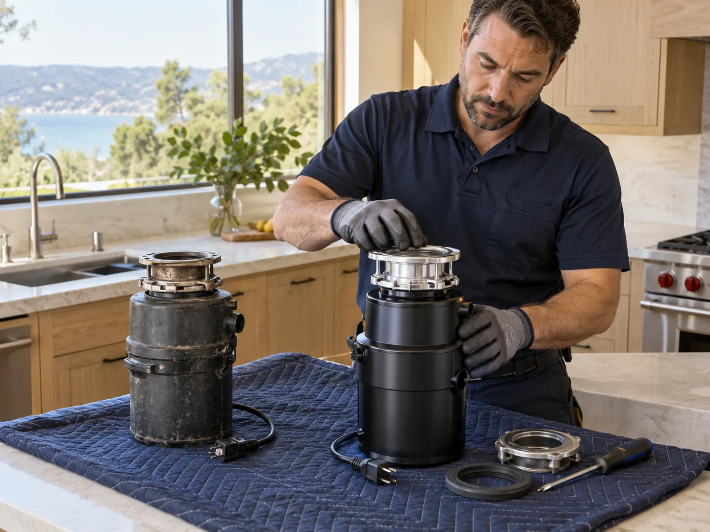 Removed and replacement garbage disposal equipment on protective material