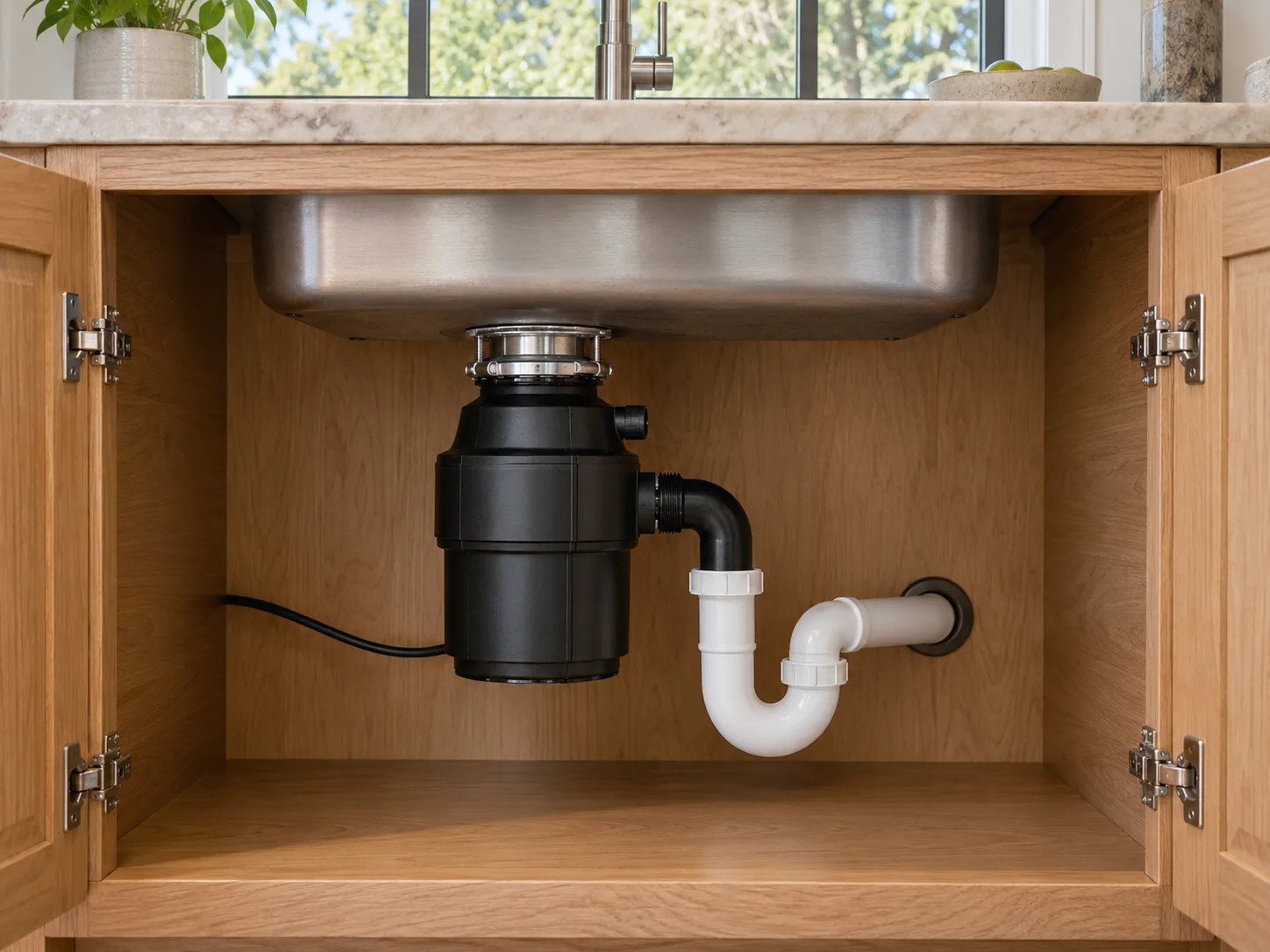 Mounted garbage disposal and its drain connection beneath a kitchen sink
