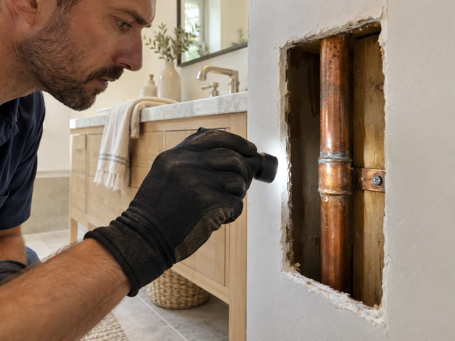 Technician illuminating a small leak at an exposed copper pipe coupling