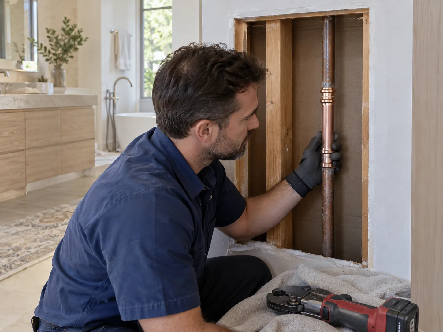 Plumber reviewing a new copper repair section inside a wall opening