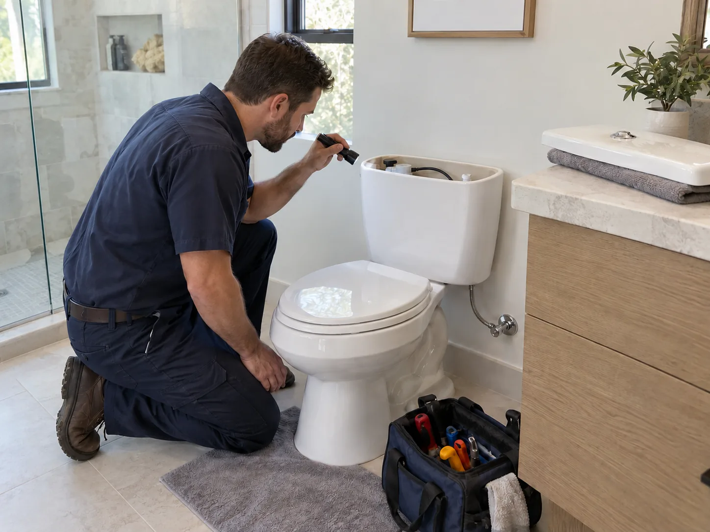 Plumber inspecting the components inside a toilet tank
