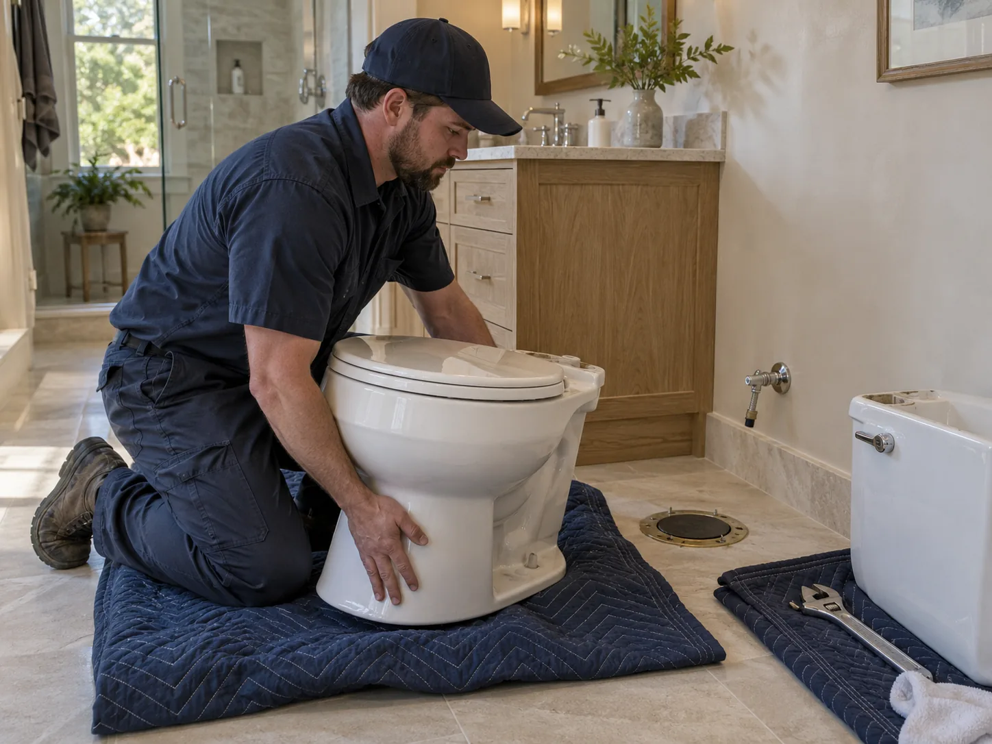 Toilet removal with the surrounding bathroom finishes protected