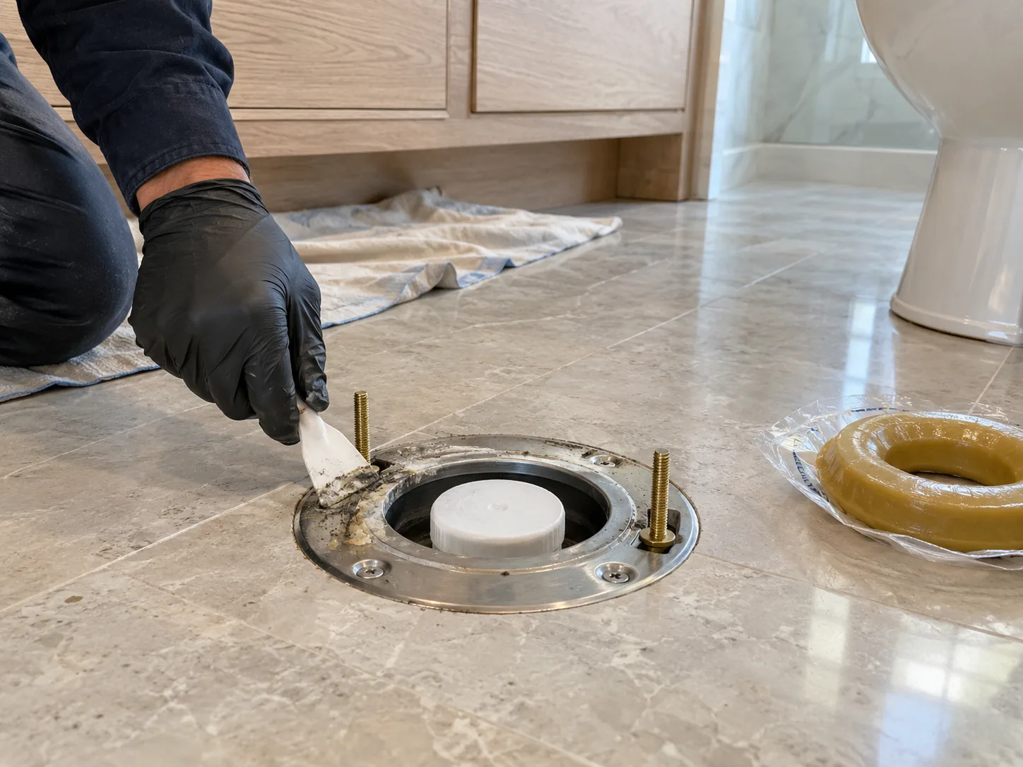 Plumber preparing the exposed closet flange for a replacement toilet