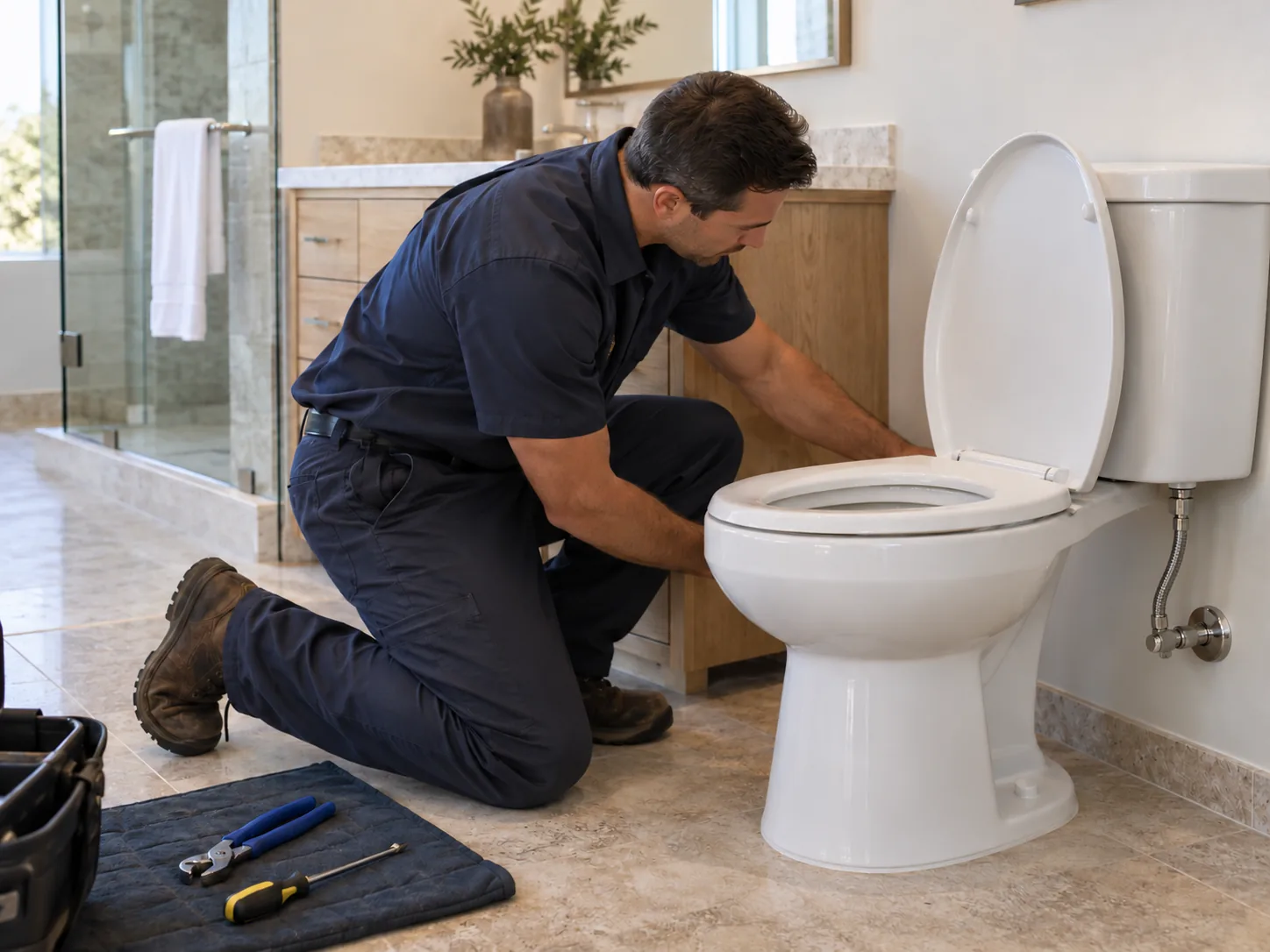 Plumber checking a completed floor-mounted toilet in a finished bathroom