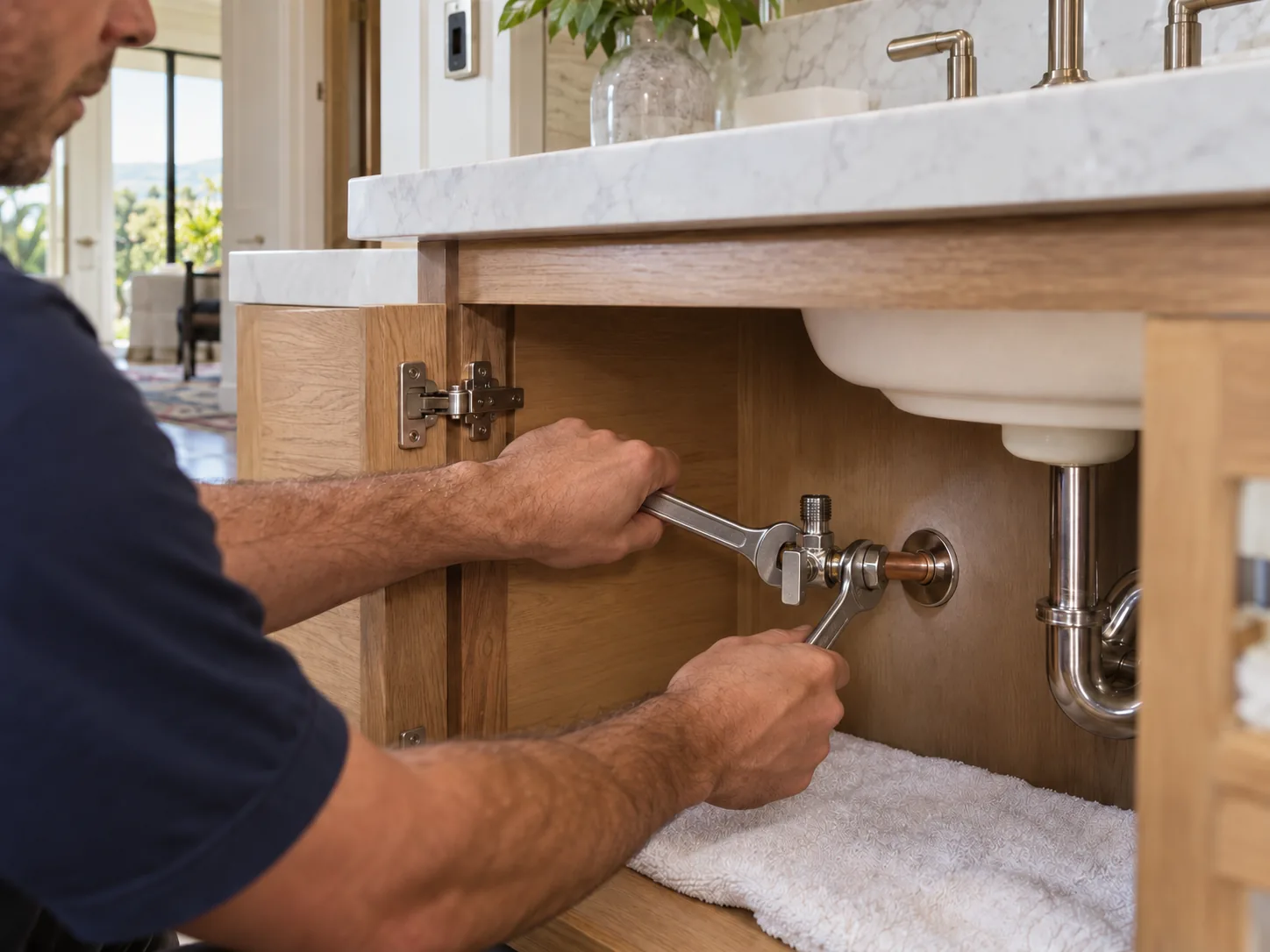 Plumber fitting a replacement quarter-turn valve with two wrenches