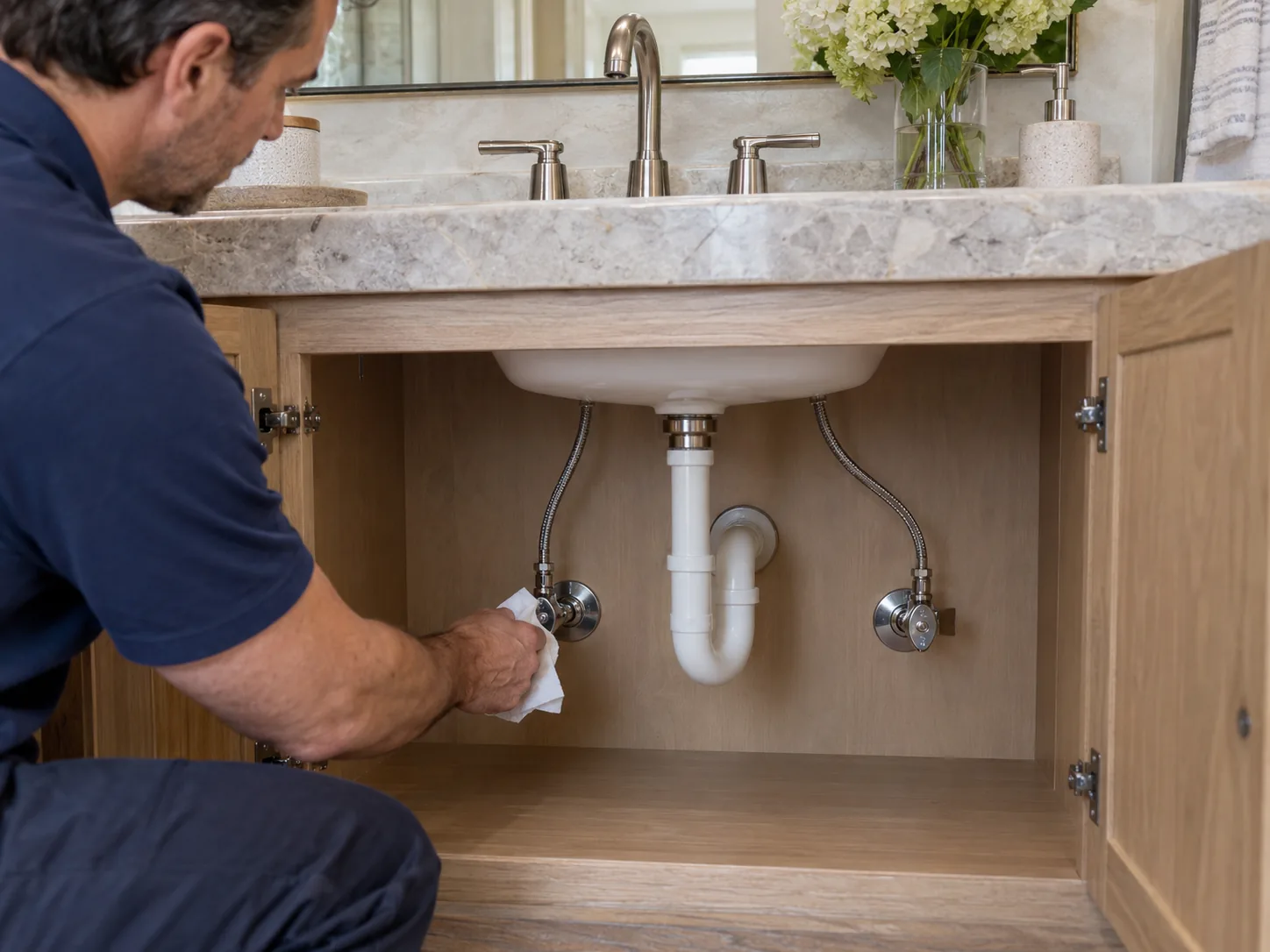 Separate hot and cold shutoffs with reconnected braided faucet supplies
