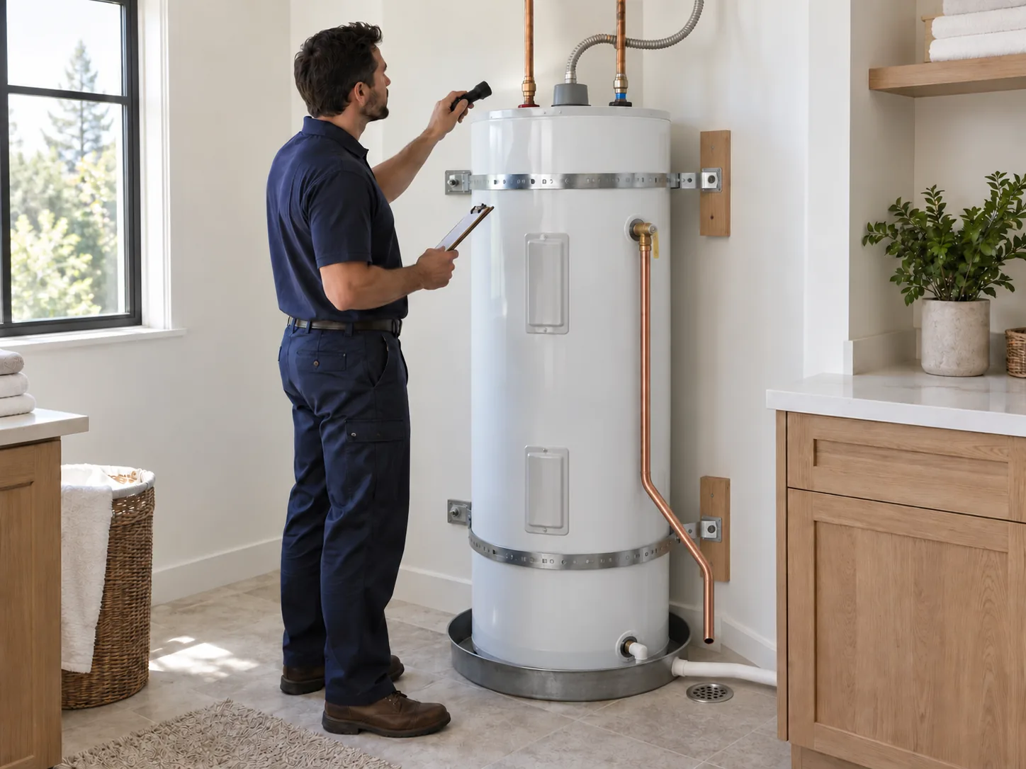 Technician inspecting an electric storage water heater in a utility room