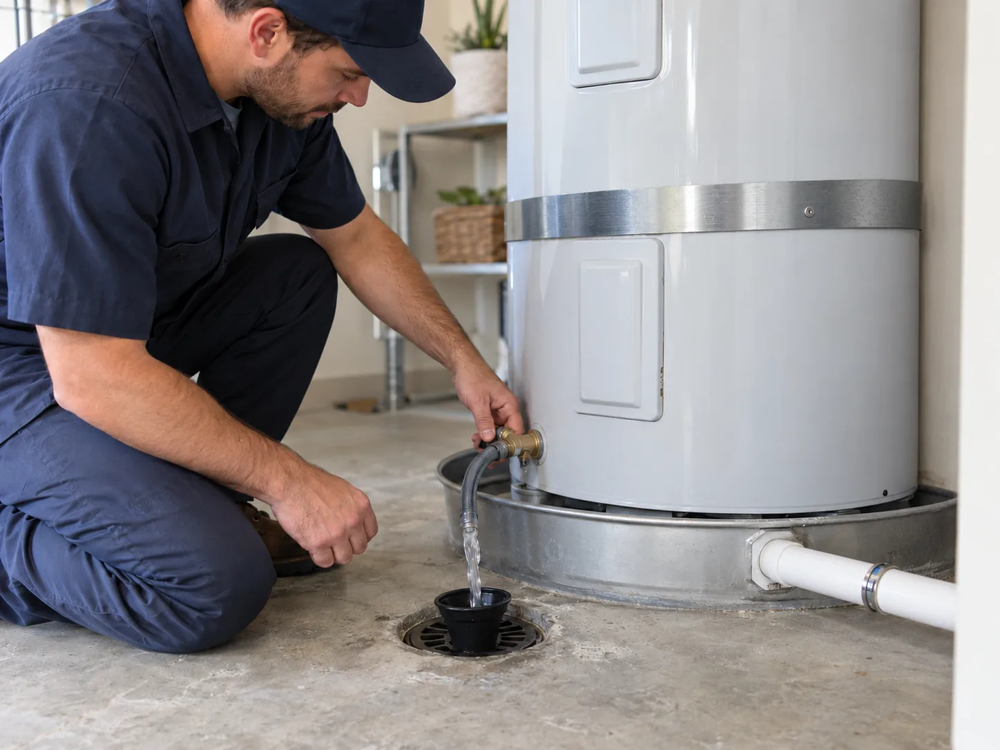 Maintenance work at the drain connection of an electric storage water heater
