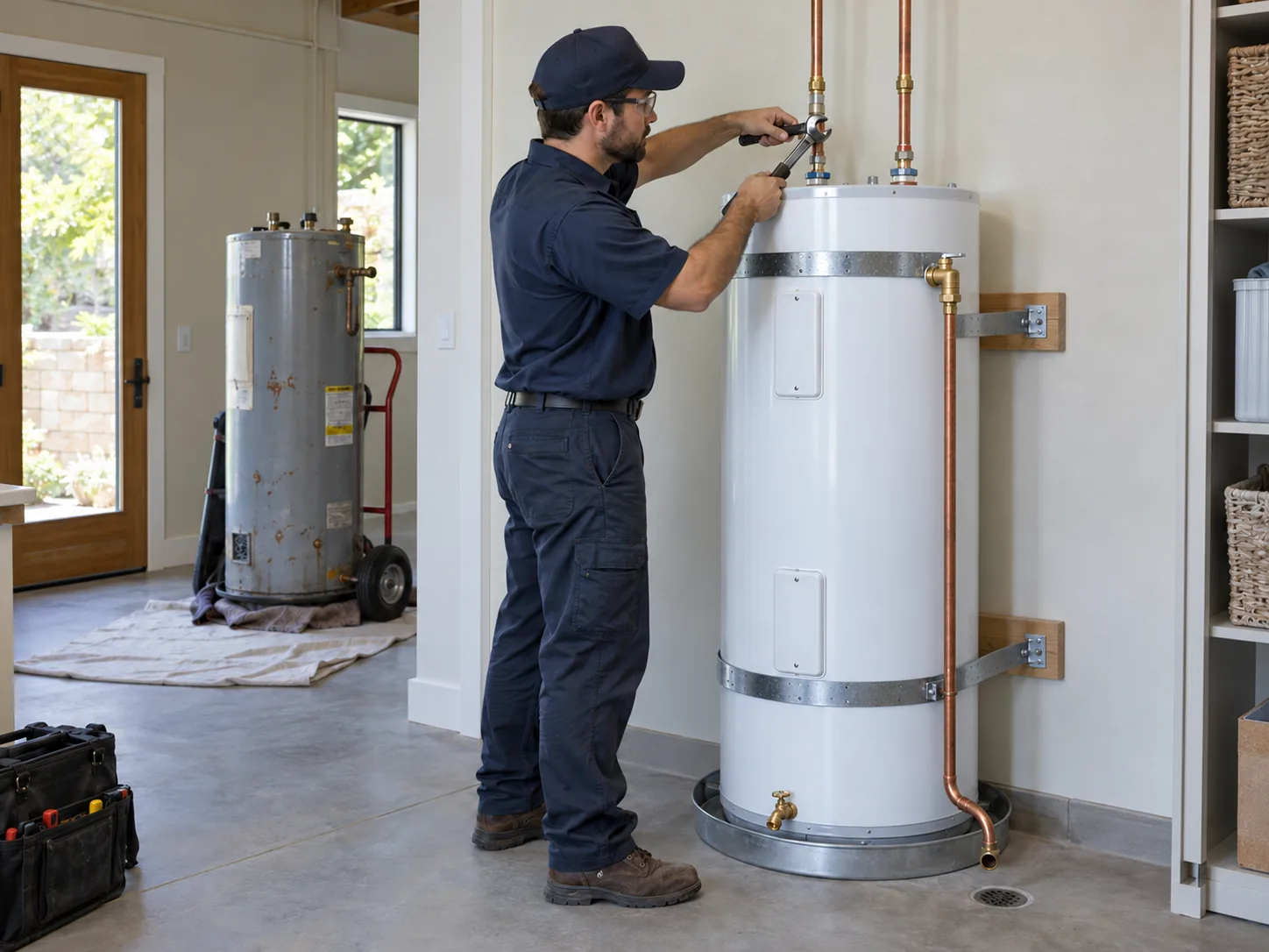 Technician fitting connections to an electric storage water heater