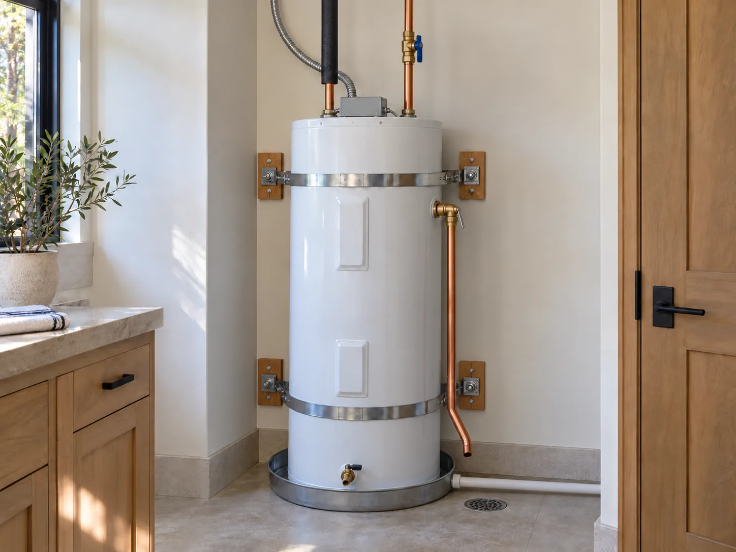 Completed electric storage water heater with visible straps and plumbing connections