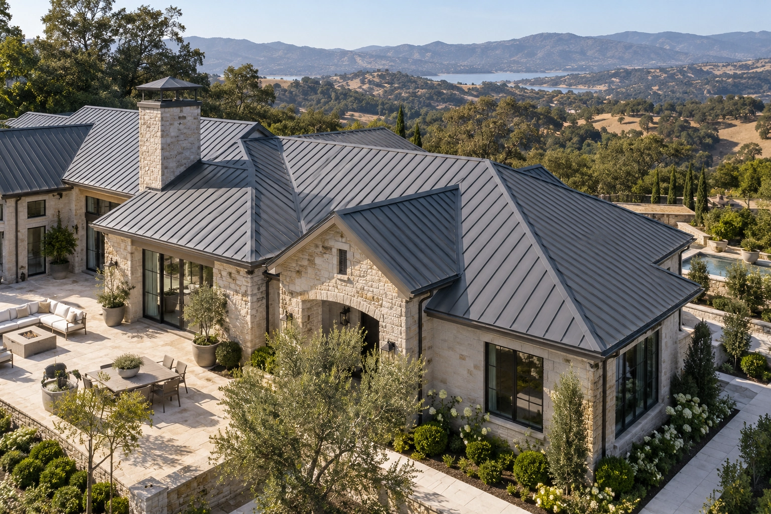 Elevated view of a luxury California stone residence with intersecting gray metal roof planes