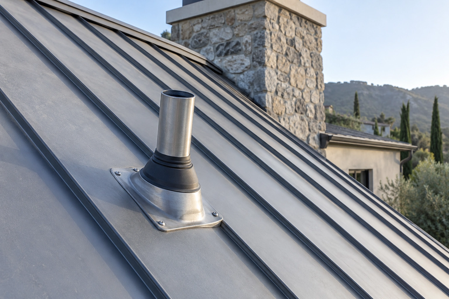 Metal plumbing vent with a rubber flashing boot on a standing-seam roof