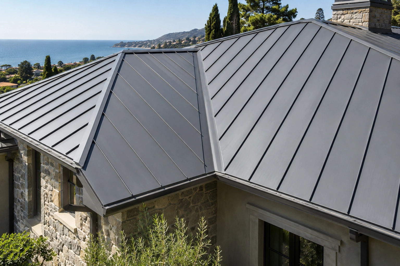 Broad open metal valley between two sloped standing-seam roof sections