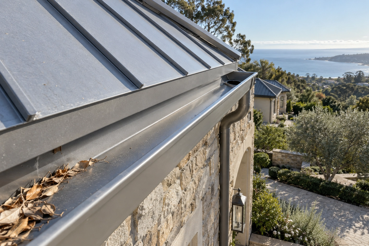 Metal eave gutter with a downspout inlet and dry leaves awaiting removal