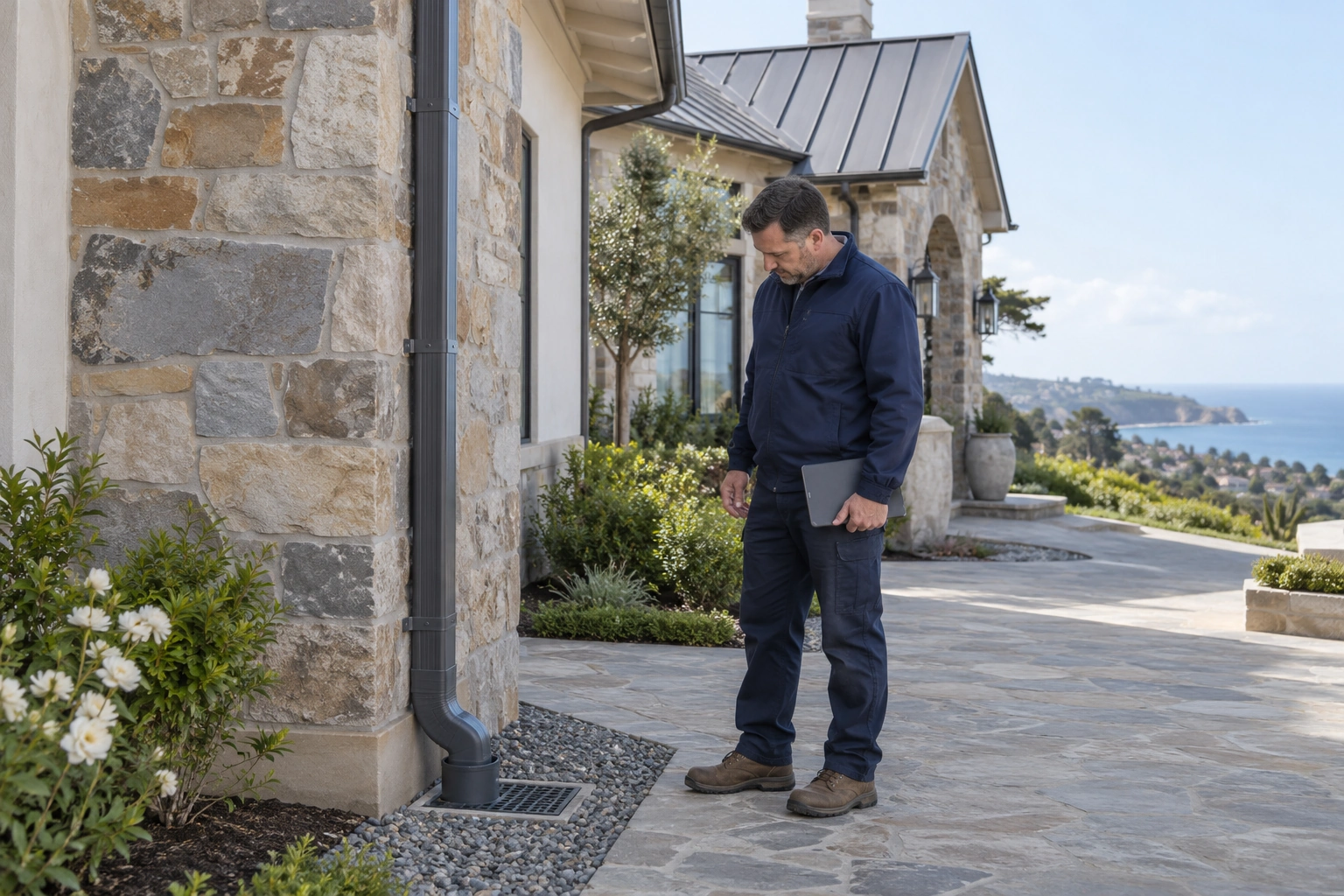 Ground-level professional reviewing a downspout connection beside a drainage grate at a stone residence