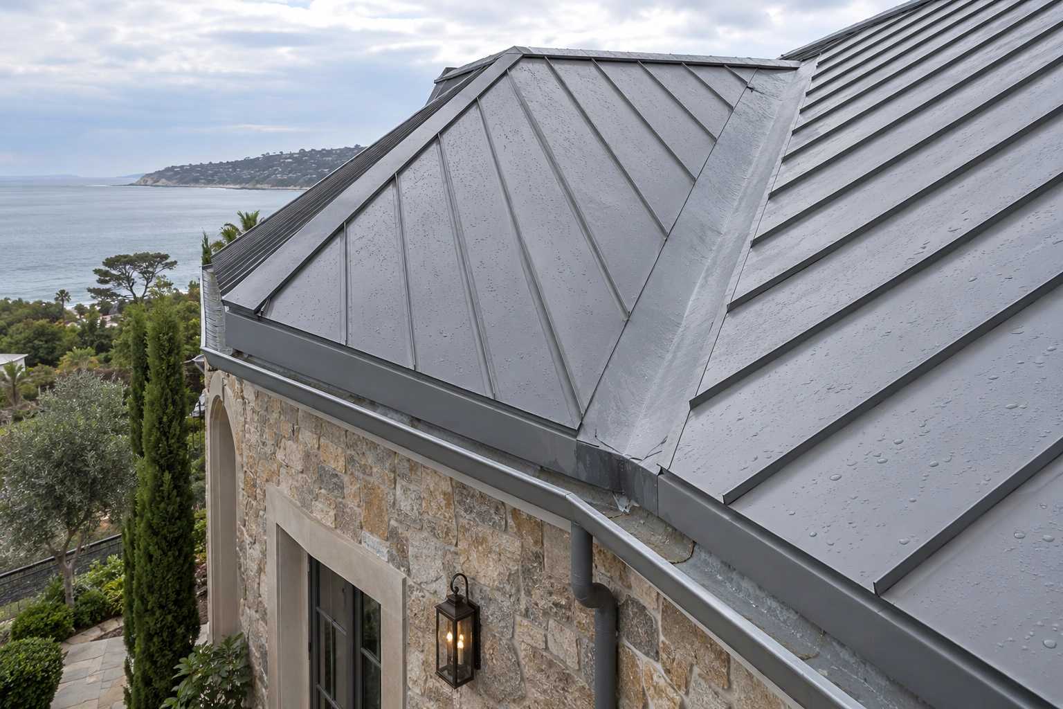 Rain-damp metal roof valley leading into an open gutter above a luxury residence
