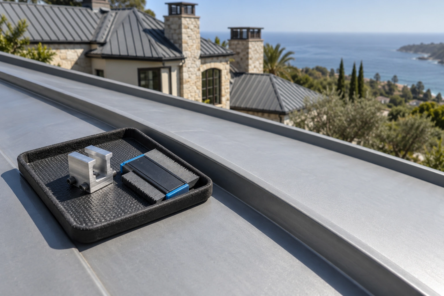 Loose sample clamp and roof-profile gauge resting on a padded tray beside an intact standing seam