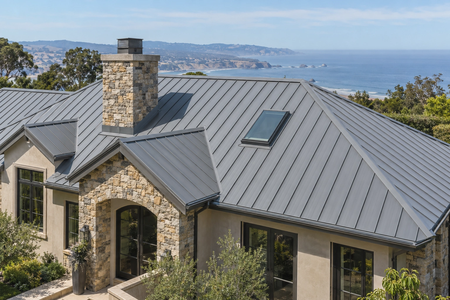 Luxury metal roof with an existing stone chimney, closed skylight, and roof ridge