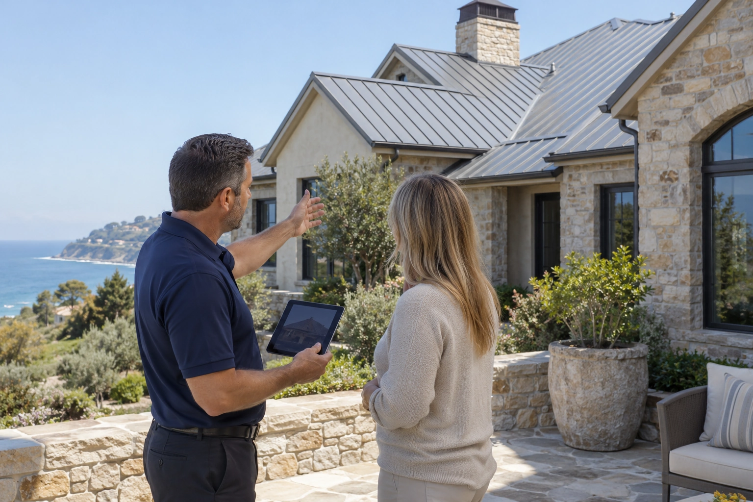 Homeowner and plumbing professional discussing a roof photograph on a tablet from a safe ground-level terrace