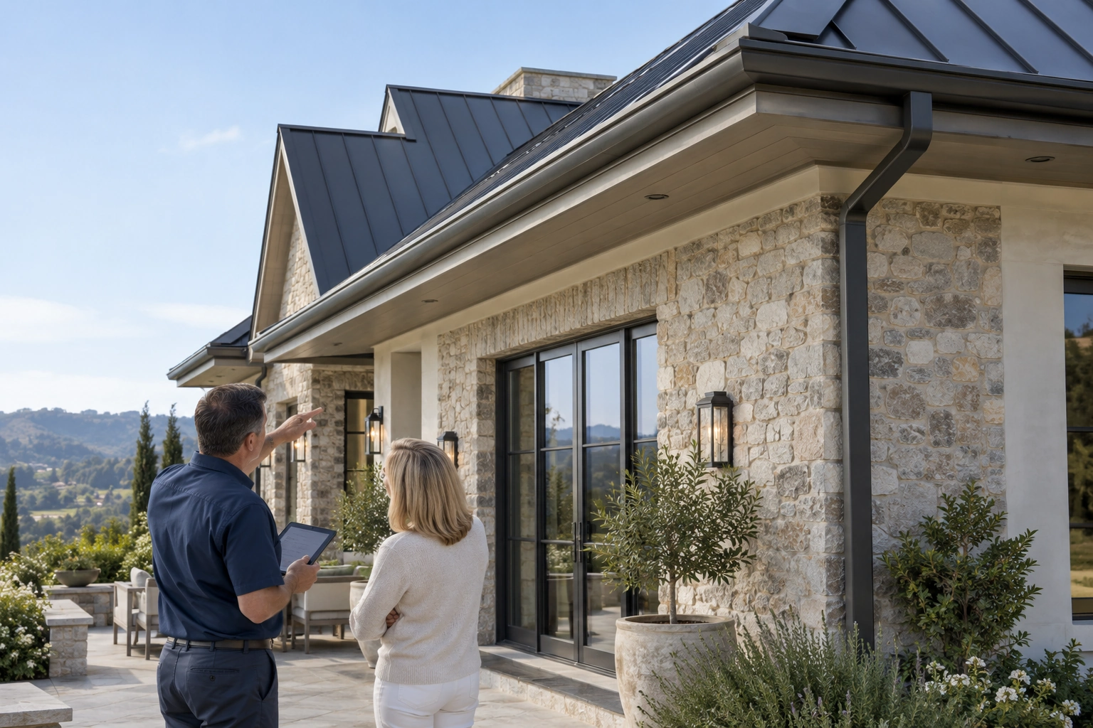 Homeowner and installer reviewing the long eave of a luxury California stone residence from the terrace