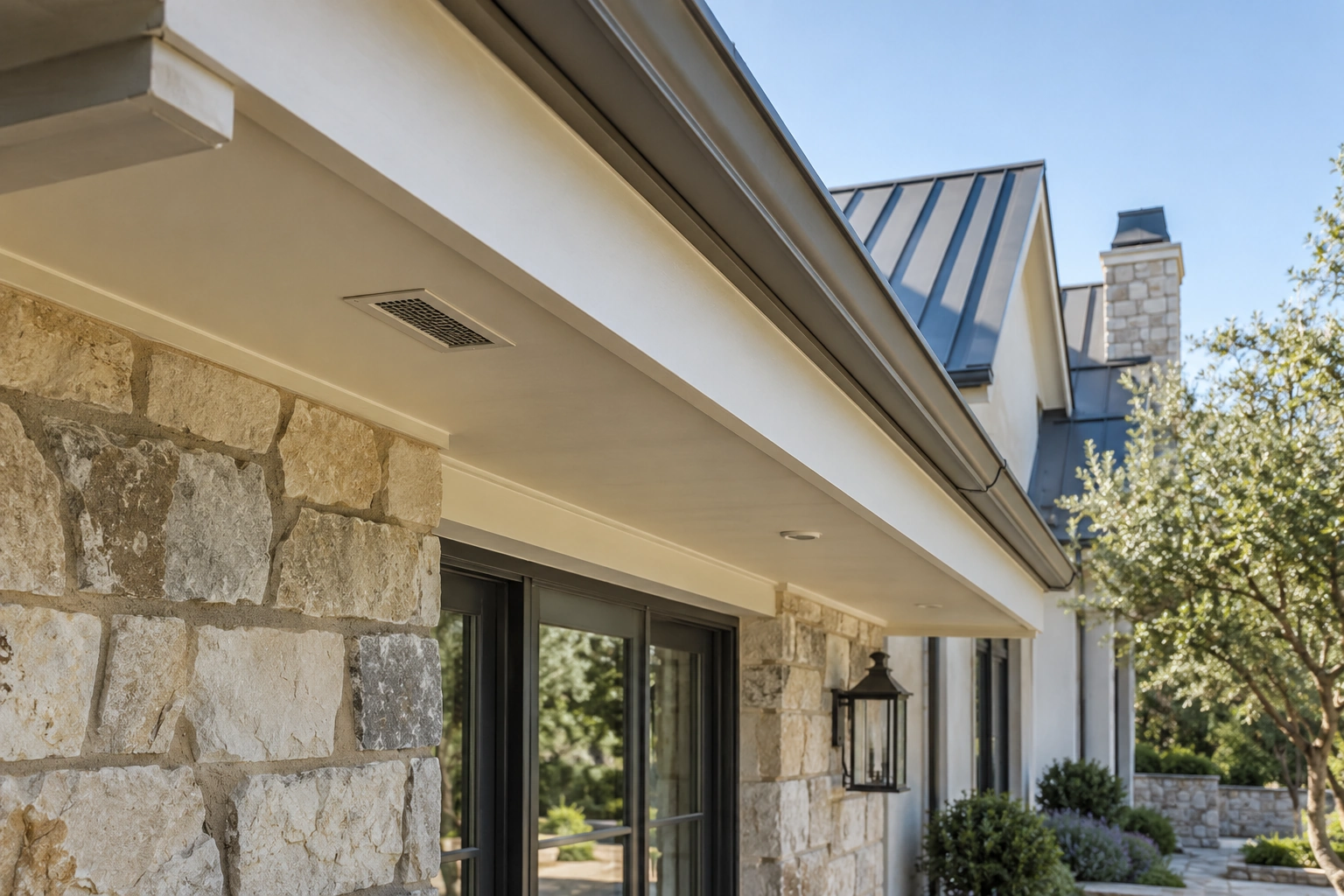 Close exterior view of solid fascia, enclosed soffit, and gutter below a luxury-home metal roof